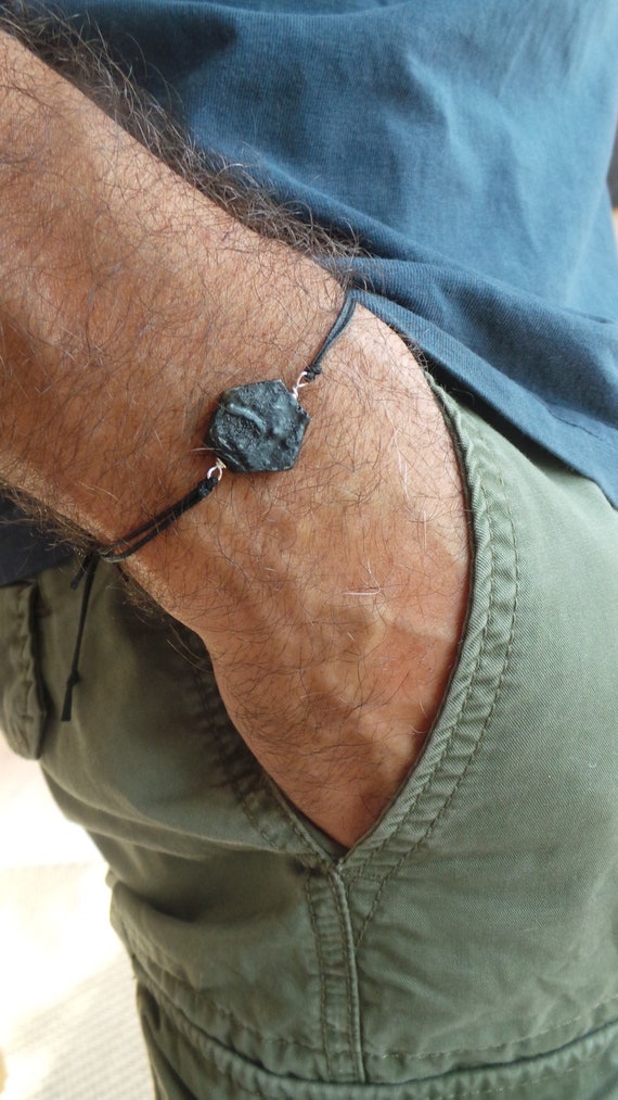 Men black tourmaline bracelet. Raw black tourmaline cord bracelet. Protection bracelet.