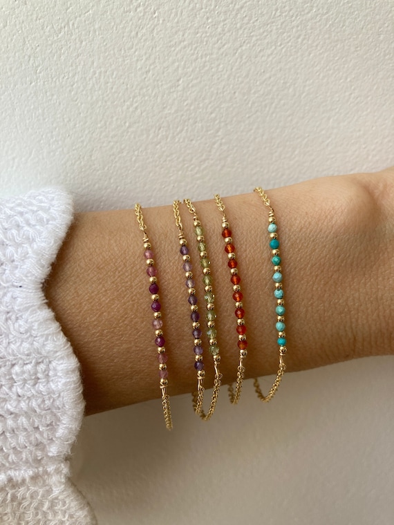 Dainty beaded gemstone bracelet. Gold filled/sterling silver. Black tourmaline, carnelian, citrine, pearl, amethyst (41 options)