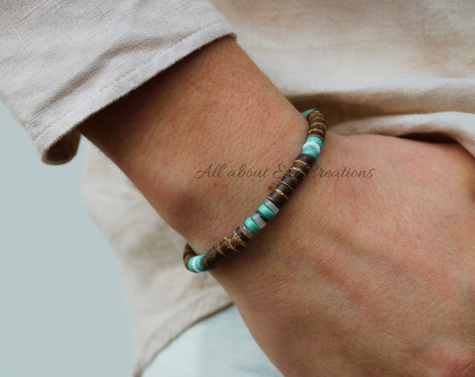 Mens Coconut Turquoise Bracelet: Heishi Beads, Shell Accent