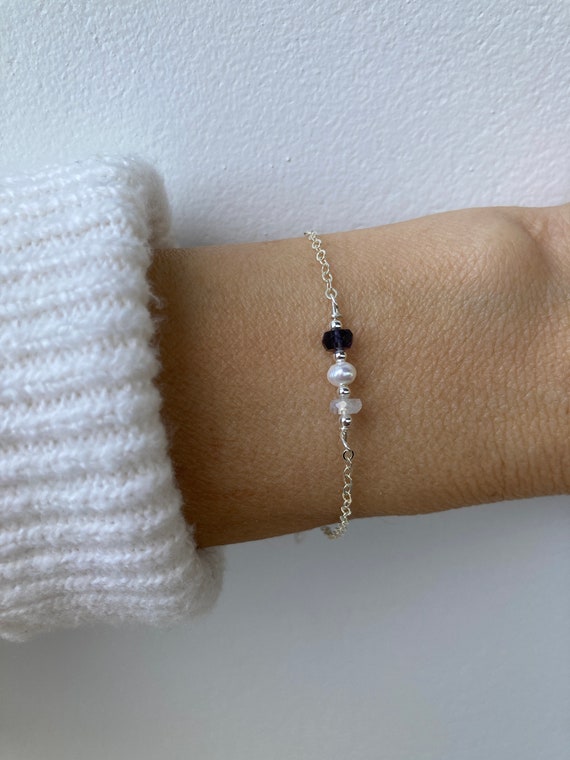 Iolite, pearl and moonstone bracelet. Crystal healing bracelet. Bridal bracelet.Something blue.  Gold, silver, rose gold chain.