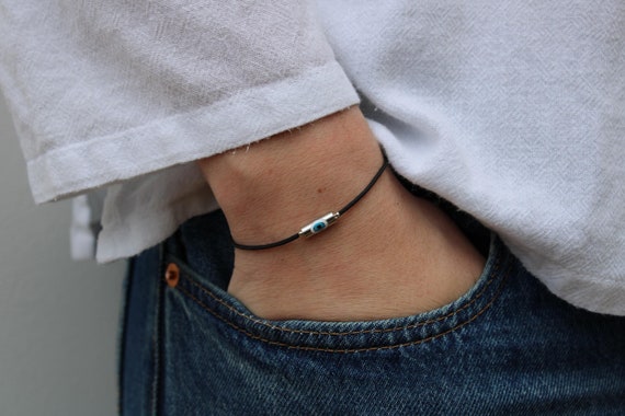Mens evil eye cord bracelet.  Adjustable cord bracelet with evil eye charm. Waterproof stainless steel. Protection gift.