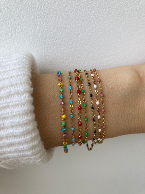 Colourful chain bracelet. Beaded bracelet. . Stacking bracelet. Black, green, white, blue, dusky pink, red, multicolour