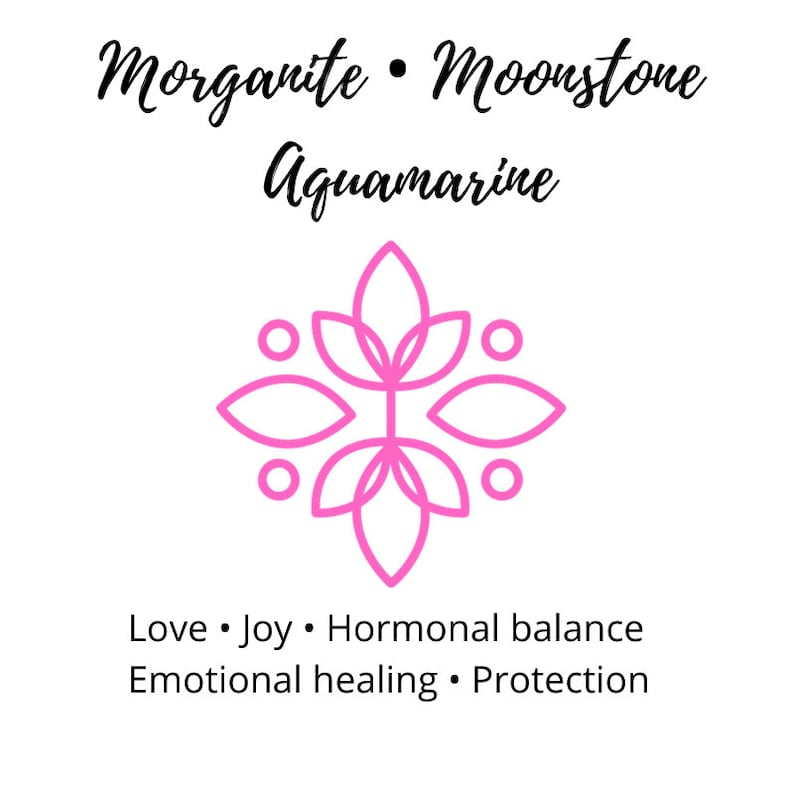 May include: Pink graphic of a flower with six petals and six circles around it. Text reads: Morganite &bull; Moonstone Aquamarine. Love &bull; Joy &bull; Hormonal balance Emotional healing &bull; Protection