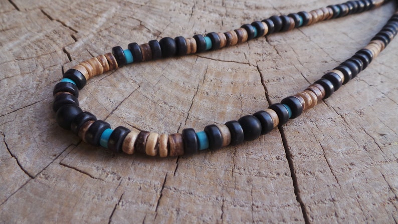 Mens beaded necklace. Mens turquoise necklace. Turquoise and black mens necklace. Surfer style necklace. image 2