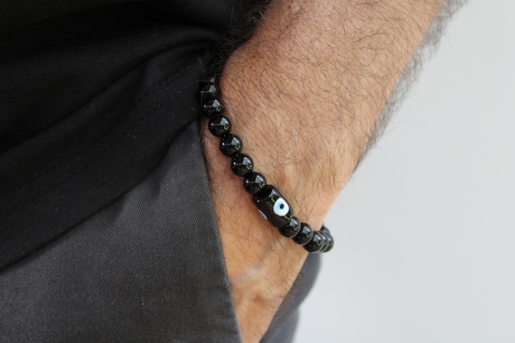 Mens evil eye bracelet with black onyx.  Beaded black onyx bracelet with evil eye. Grounding and protection. 8mm beads