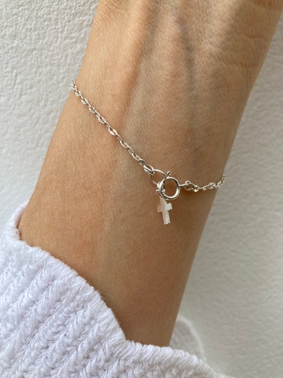 Sterling silver cross bracelet . Religious jewellery.  Tiny cross chain bracelet.  Sterling silver sequin chain bracelet.