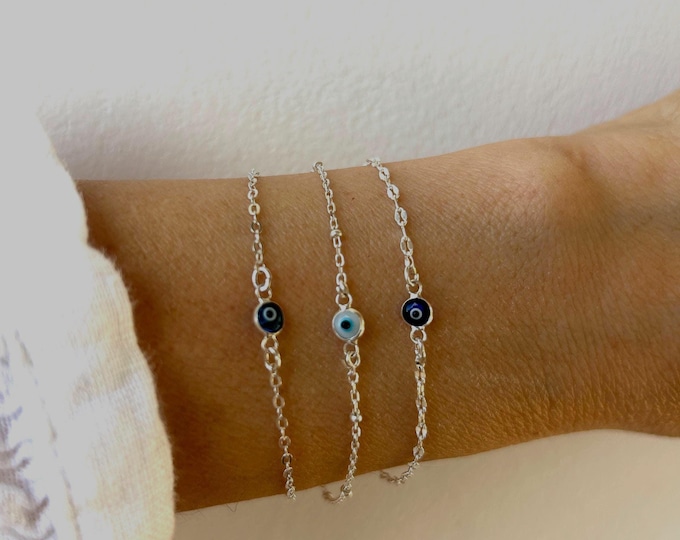 Dainty Sterling Silver Evil Eye Bracelet: Greek Mati Protection