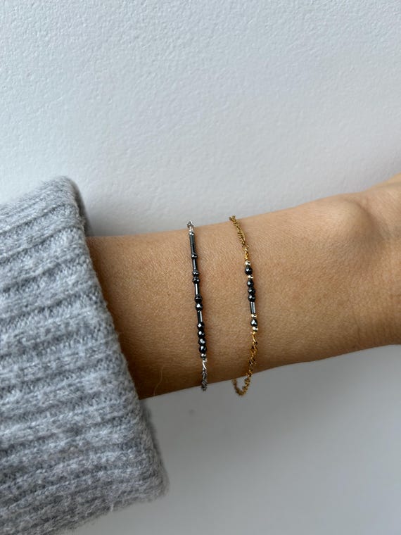 Morse code bracelet for women. Custom morse code  bracelet. Hematite beads.  Gold, silver chain.