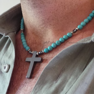 Mens cross necklace. Mens necklace. Mens beaded cross necklace. Hematite cross necklace. Mens turquoise necklace. Turquoise necklace men.
