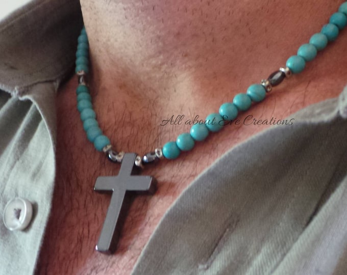 Mens beaded cross necklace. Hematite cross and turquoise necklace for men.