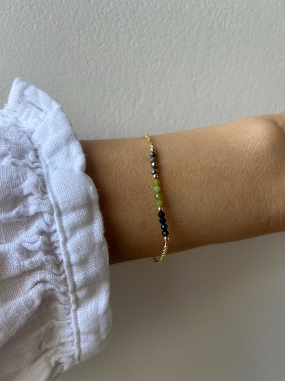 Abundance bracelet. Black tourmaline, green jade and pyrite bracelet. Gold , silver, rose gold chain.