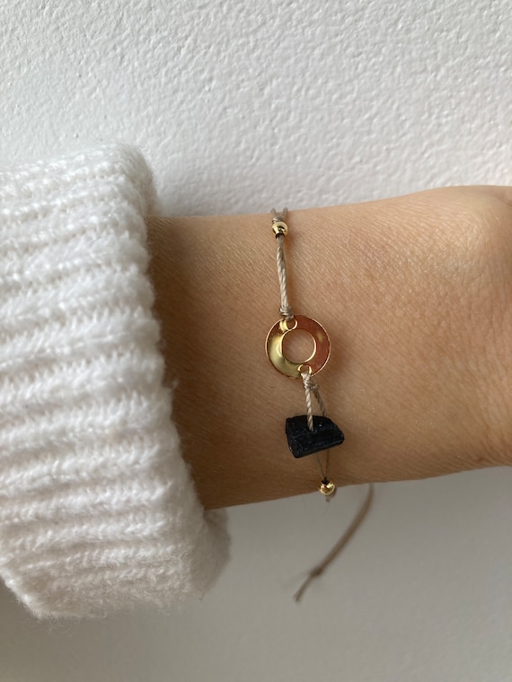 Karma cord bracelet and black tourmaline. Gold filled karma bracelet. Tourmaline cord bracelet. Empath protection.