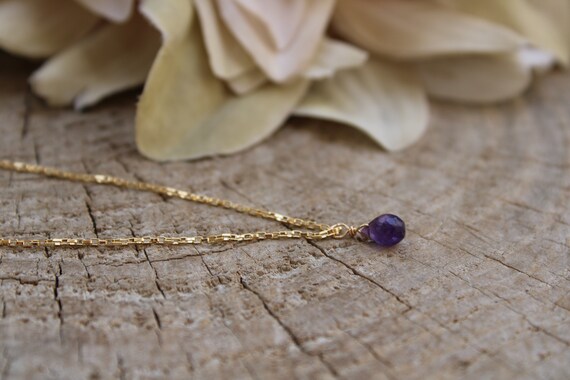 Amethyst necklace. Gold filled amethyst teardrop necklace. February birthstone. Amethyst drop on gold filled chain.
