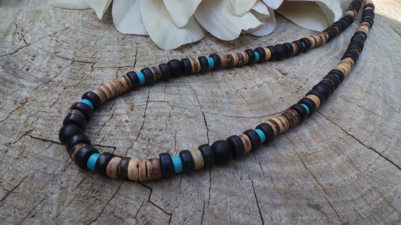 Mens beaded necklace. Mens turquoise necklace. Turquoise and black mens necklace. Surfer style necklace. image 9