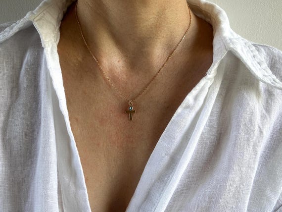 Gold filled cross and evil eye necklace. Tiny gold cross necklace with Greek Evil Eye charm. Protection necklace.