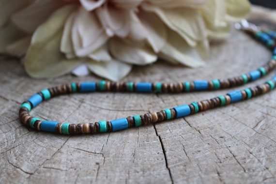 Mens beaded necklace. Mens turquoise necklace. Surfer style necklace. Mens coconut necklace. Mens necklace. Turquoise and blue boho necklace