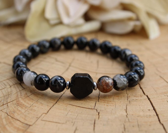 Mens beaded black tourmaline bracelet.  Stretch cord. October birthstone. Empath protection. 8mm beads.