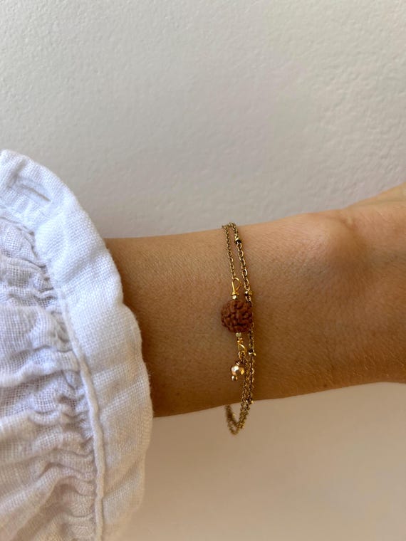 Dainty Rudraksha Seed Bracelet: Stainless Steel Double Chain, Yoga Gift
