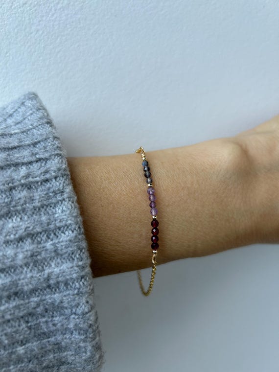 Iolite Amethyst Garnet Gemstone Bar Bracelet, Gold Filled, sterling silver, stainless steel