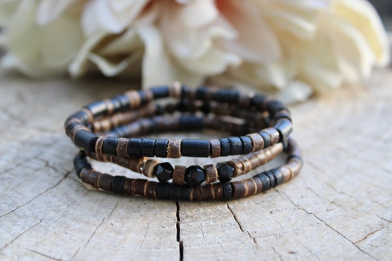 Mens beaded bracelet. Mens bracelet stack. Coconut and black beaded bracelet. Stretch bracelet. Wood bead bracelet.