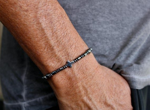 Mens beaded cross bracelet. Hematite cross bracelet. Stretch bracelet for men. 4mm beads.