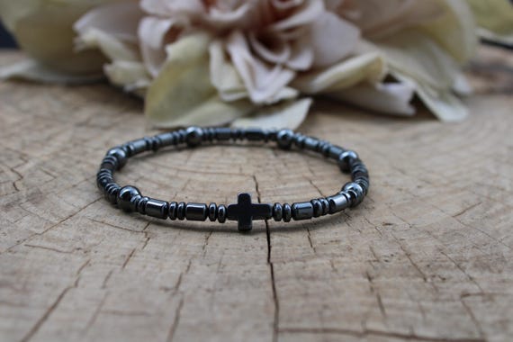 Mens beaded cross bracelet. Hematite cross bracelet. Stretch bracelet for men. 4mm beads.