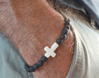 Men cross bracelet. Cross bracelet for men. Mens beaded cross bracelet. Stone cross bracelet. Beaded bracelet. Lava bracelet.