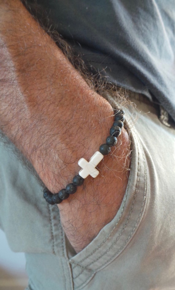 Men cross bracelet. Cross bracelet for men. Mens beaded cross bracelet. Stone cross bracelet. Beaded bracelet. Lava bracelet.