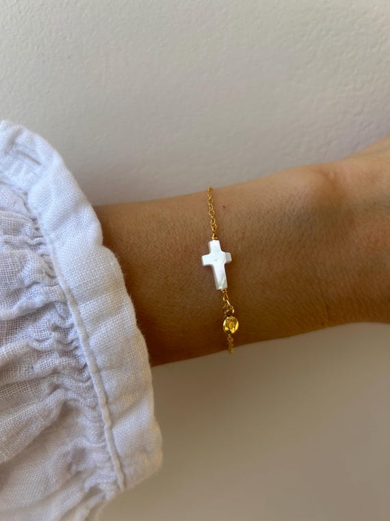 Side ways cross bracelet.  Mother of pearl cross. Gold filled cross bracelet. Gold, silver, rose gold chain. Christian jewelry.