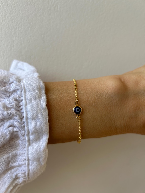 Gold Filled Evil Eye Bracelet: Dainty Satellite Chain, Greek Mati