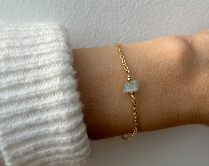 Raw Aquamarine Nugget Bracelet: Gold Filled, sterling silver. March Birthstone