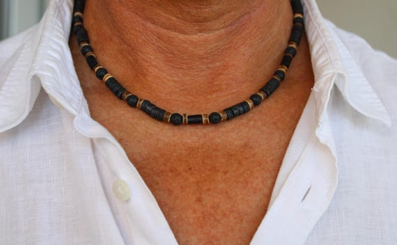 Mens lava rock necklace. Lava rock heishi necklace. Black beaded necklace. Lava and coconut surfer style necklace.