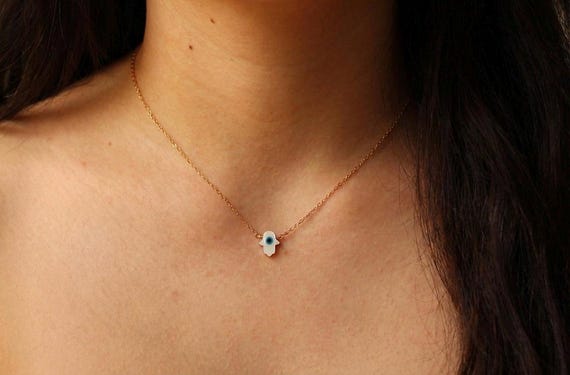 Hamsa necklace. Mother of pearl and of Fatima necklace. Protection necklace. Gold, silver, rose gold chain.