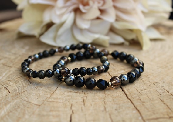 Mens Empath protection bracelet. Black onyx, gold sheen obsidian, black tourmaline, hematite and smoky quartz beaded bracelet. 6mm/8mm beads