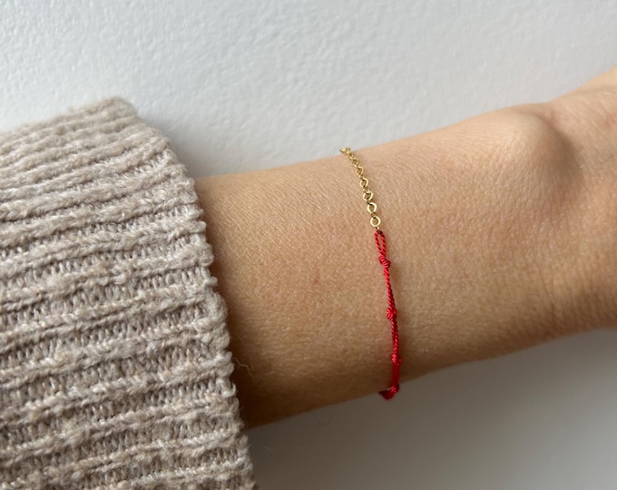Red Silk String Bracelet with Gold Filled,  Sterling Silver or rose gold chain