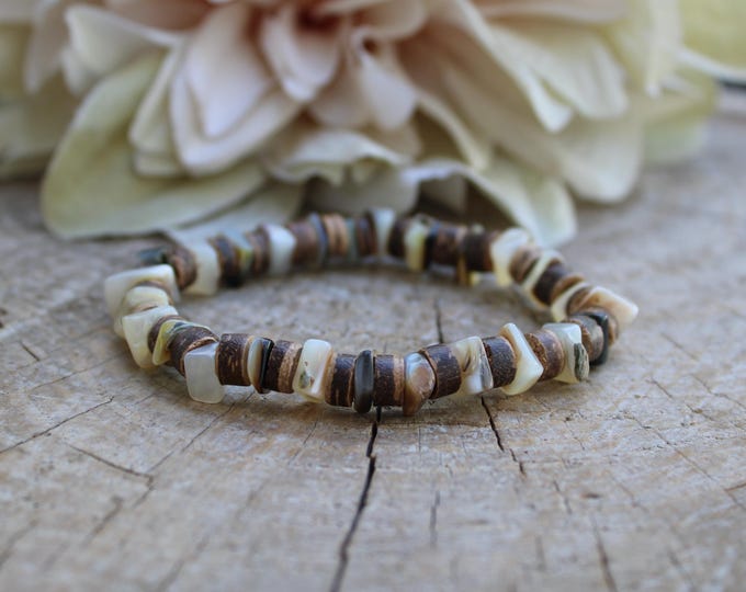 Mens Coconut Shell Bracelet: Heishi Beads, Surfer Style. 6mm or 8mm beads.