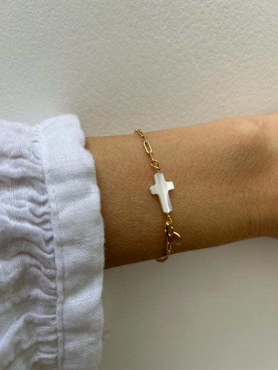 Side ways cross bracelet. Gold filled paper clip chain with mother of pearl cross. Elongated chain bracelet.