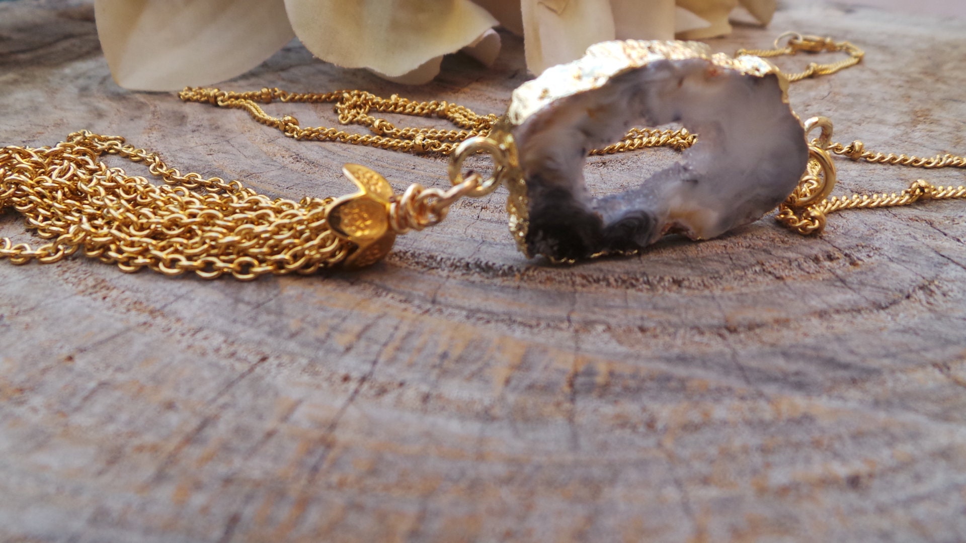 Druzy tassel necklace. Gold chain tassel necklace. Drusy necklace. Gold ...