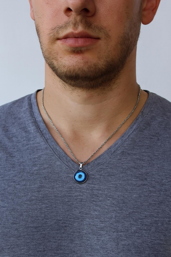 Mens evil eye necklace. Mens stainless steel evil eye necklace. Pendant necklace.