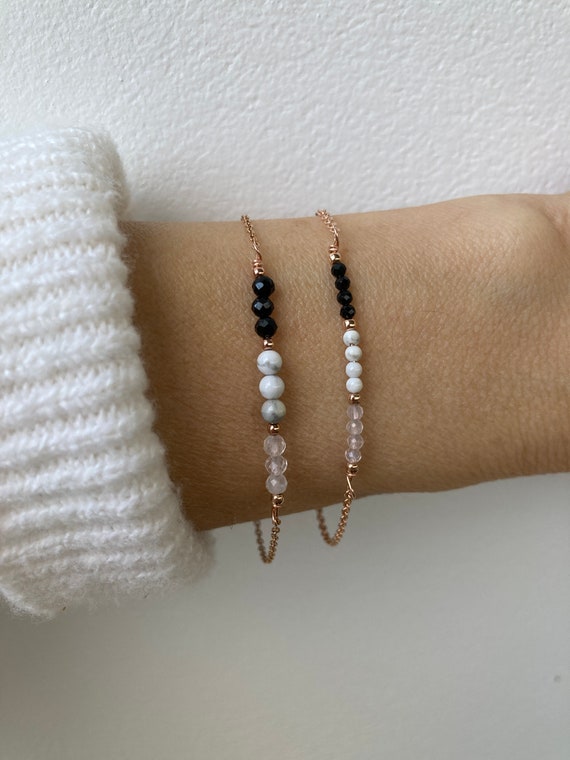 Black tourmaline, howlite and rose quartz bracelet. Howlite bracelet. Gold filled/sterling silver bracelet.  Empath protection,