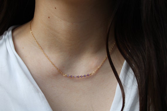 Amethyst necklace.Gold filled/ sterling silver amethyst necklace. Emotional healing.  Gemstone bar necklace.