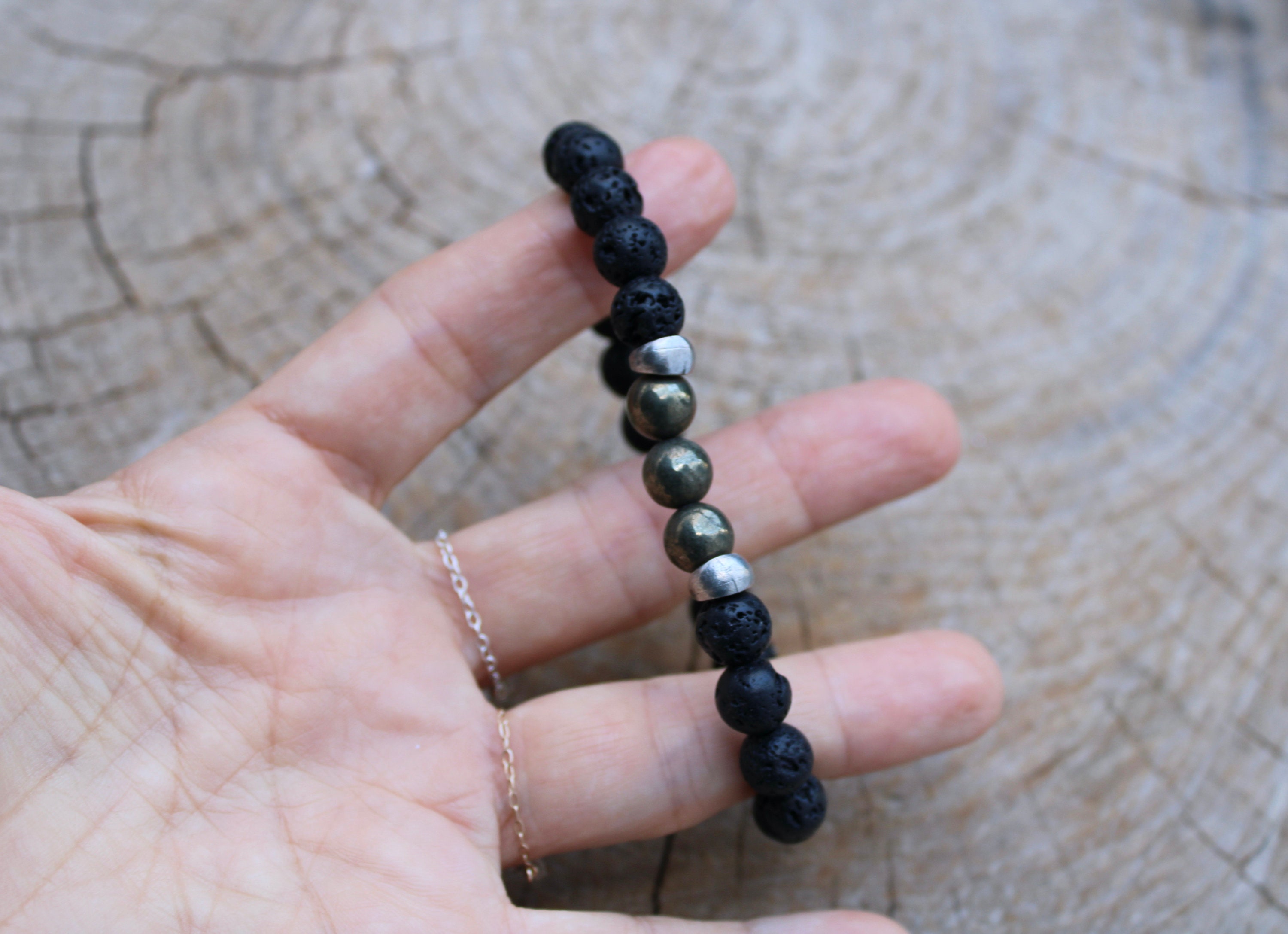 Mens lava rock bracelet. Lava stone and pyrite bracelet. Mens energy