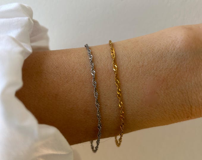 Dainty Singapore Twist Bracelet, Gold/Silver Stainless Steel Chain
