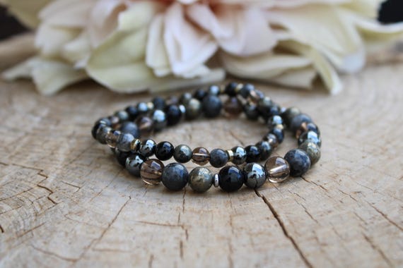 Black onyx, larvikite ,smoky quartz and pyrite bracelet. Protection, stress relief, abundance. Beaded bracelet men. 6mm/ 8mm beads
