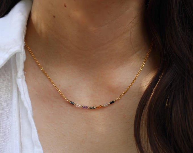 Empath Protection Necklace. Black tourmaline, moonstone, citrine, clear quartz, amethyst, pyrite and hematite. Gold, silver, rose gold chain