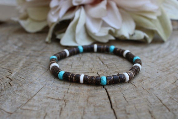 Brown coconut and turquoise bracelet. Stretch bracelet. Turquoise and cream brown coconut bracelet. Surfer style bracelet.