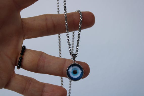 Mens evil eye necklace. Mens stainless steel evil eye necklace. Pendant necklace.