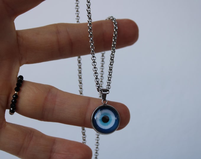 Mens evil eye necklace. Mens stainless steel evil eye necklace. Pendant necklace.