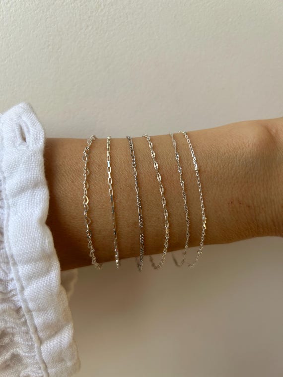 Minimalist bracelet. Dainty sterling silver chain bracelet.  Thin chain bracelet. Satellite, heart, figaro, sequin, box chain, wave chain