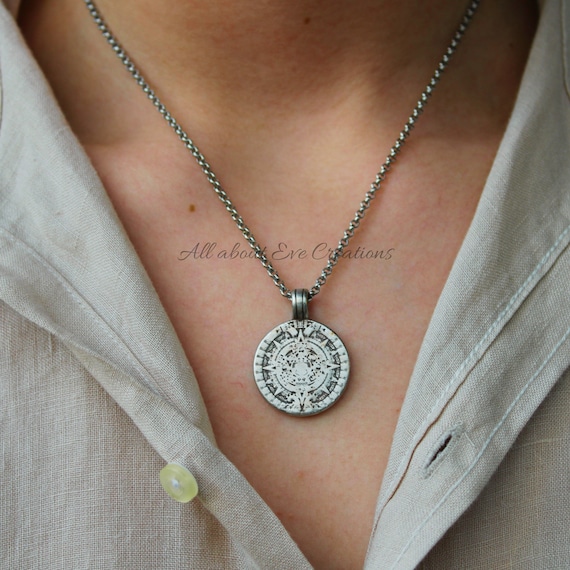 Mens coin necklace. Medallion necklace for men. Mens necklace. Mayan sun disc necklace. Mens disc necklace.Stainless steel chain necklace.